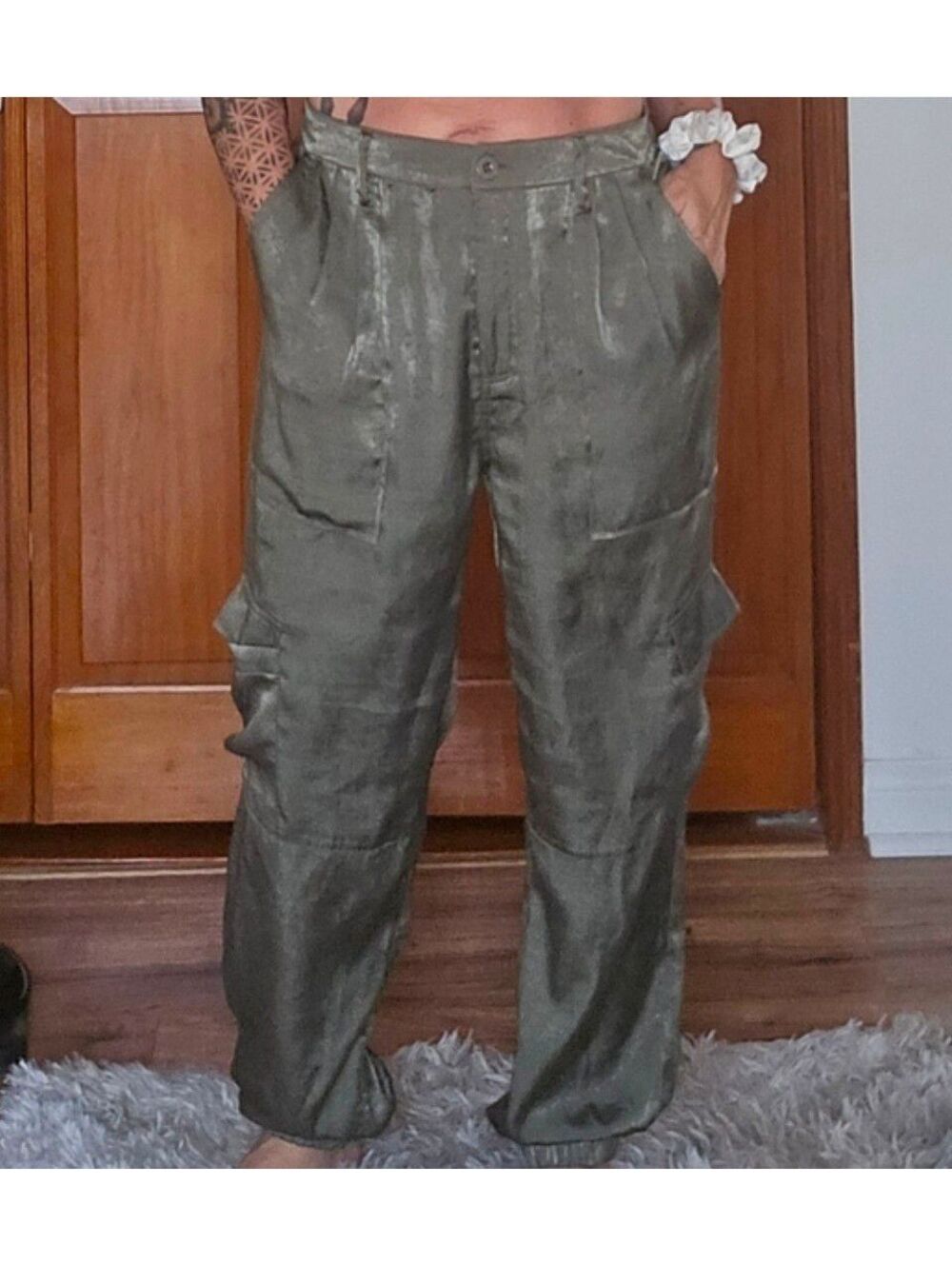 Re GenerationPleated Satin Cargo Pants in Sage Olive